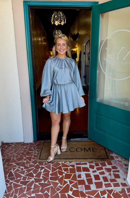 Dusty Blue Long Sleeve Flowing Dress