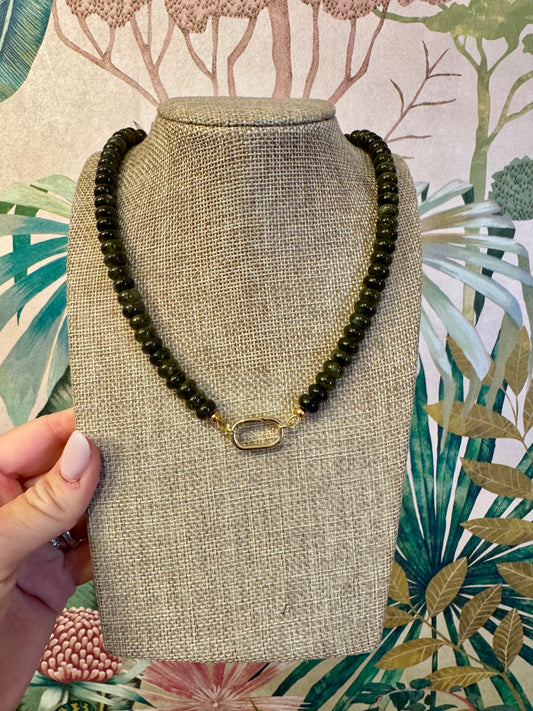 Dark Green Candy Bead Necklace w Carabiner - Cherry Laurel Design
