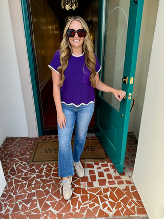 Drop Shoulder Short Sleeve Scallop Hem Sweater