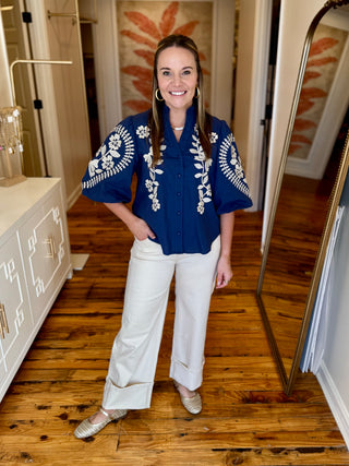 Blue Puff Sleeve Embroidered Top