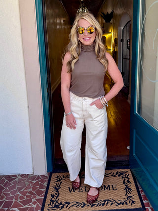 Ecru Wide Leg High Waist Cropped Pants