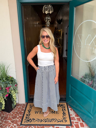 Striped Elastic Waist Midi Skirt-Saturday Steal