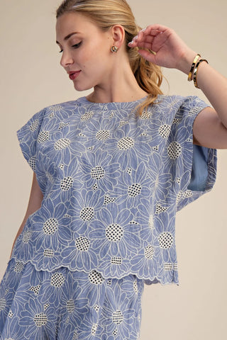 Blue Floral Eyelet Top