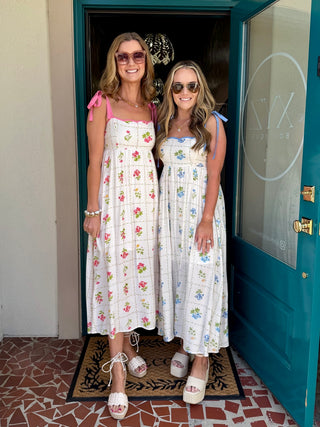 Floral Tile Pattern Scalloped Tie Strap Midi Dress