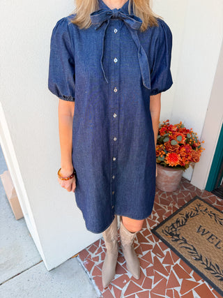 Dark Denim Short Sleeve Bow Dress