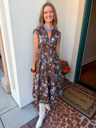 Brown Floral Smocked Waist Front Zip Midi Dress
