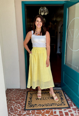 Yellow Eyelet Midi Skirt