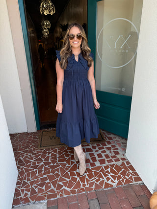 Navy Collared Smocked Midi Dress