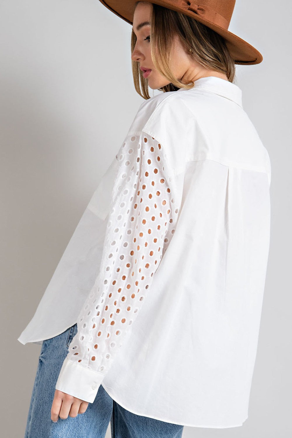 White Eyelet Button Down Top