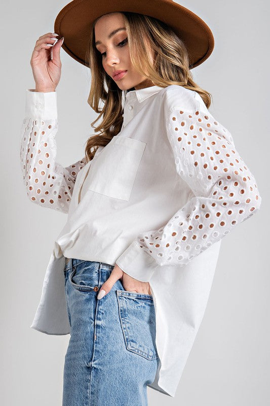 White Eyelet Button Down Top