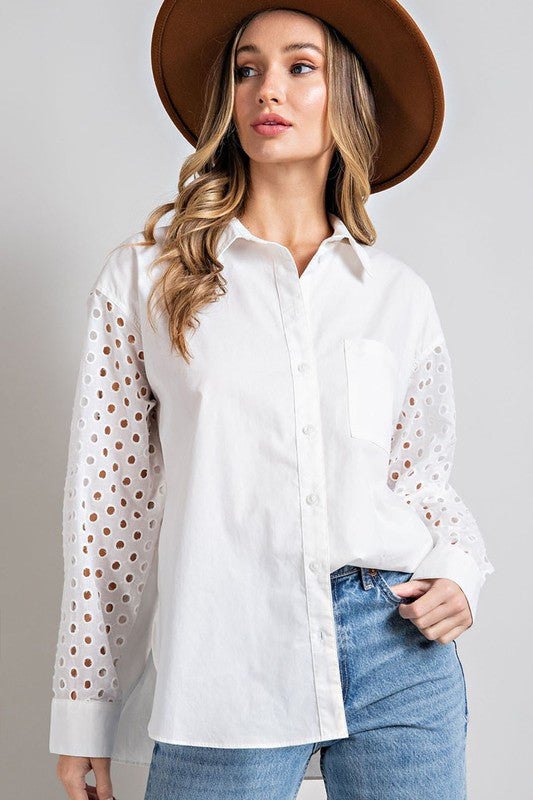 White Eyelet Button Down Top