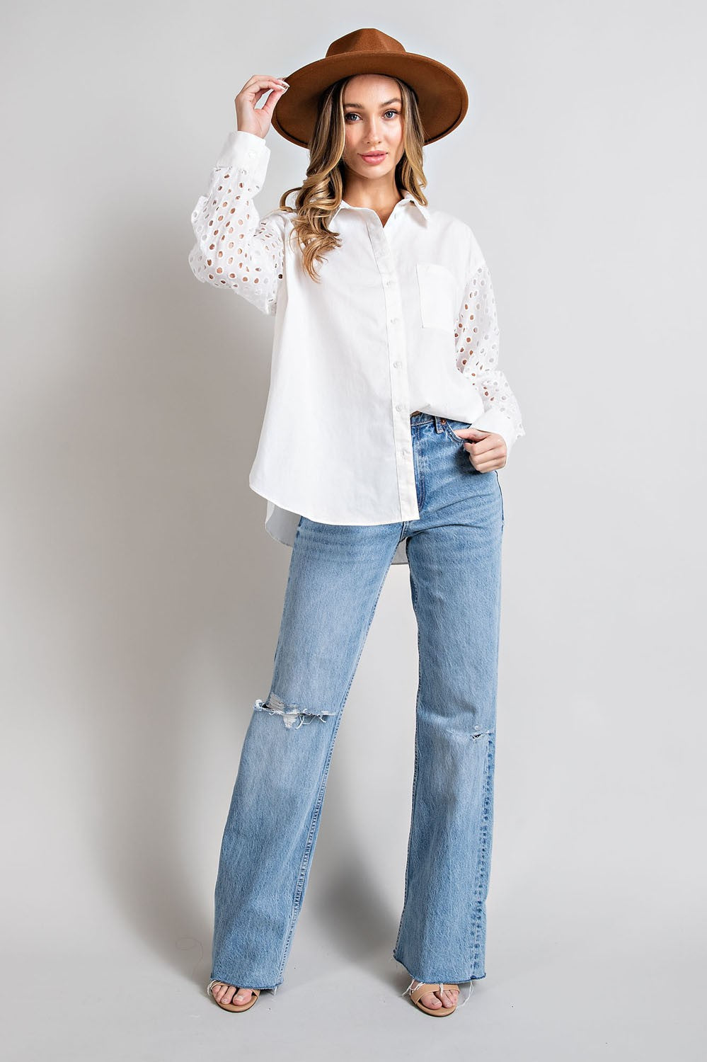 White Eyelet Button Down Top