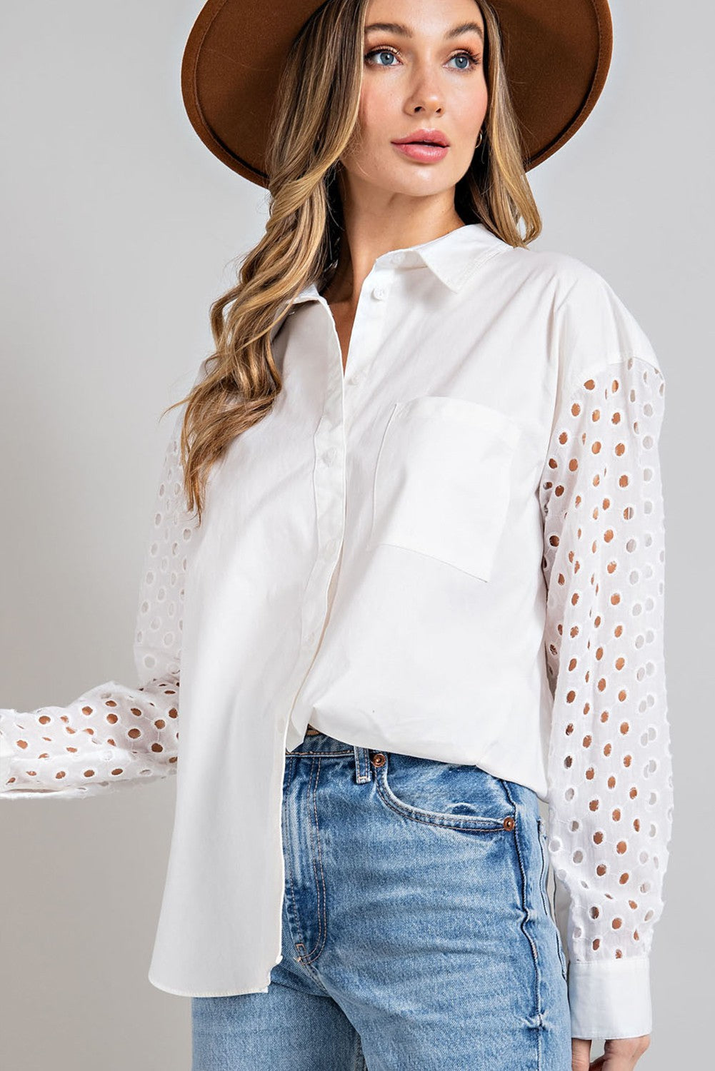 White Eyelet Button Down Top