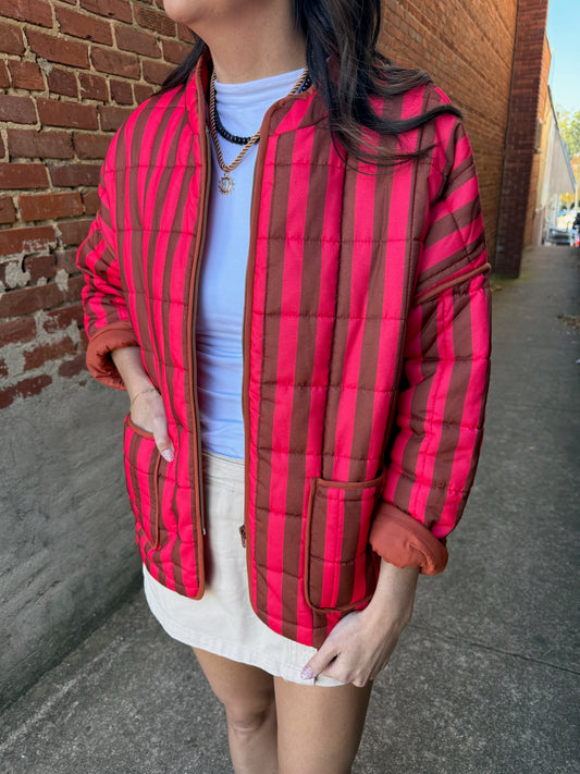Brown Stripe Print Quilted Oversized Jacket