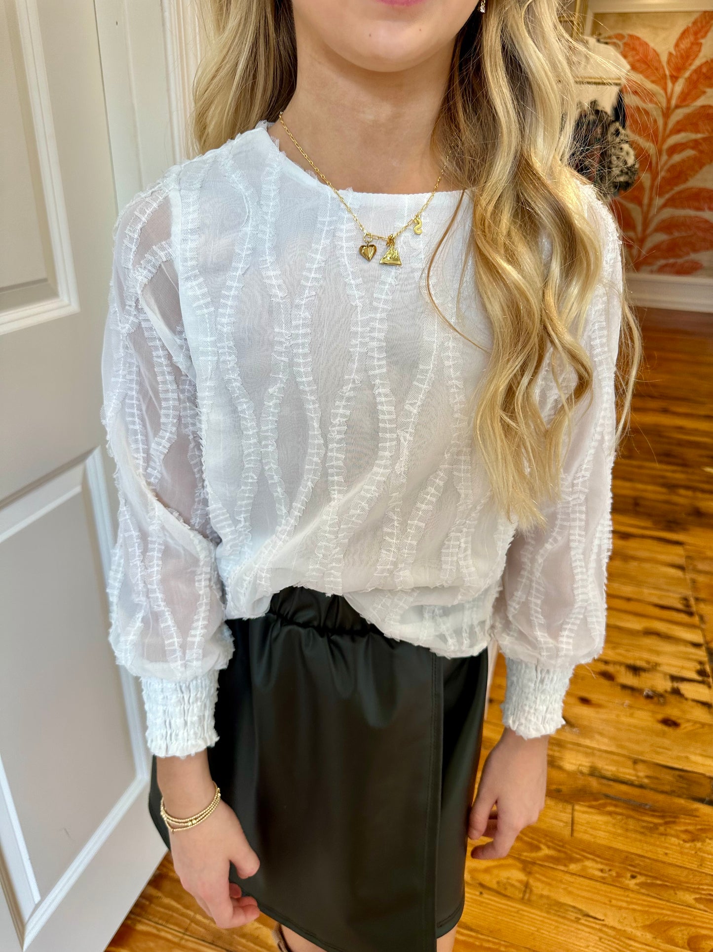 Girls Textured Sheer Smocked Cuff Top