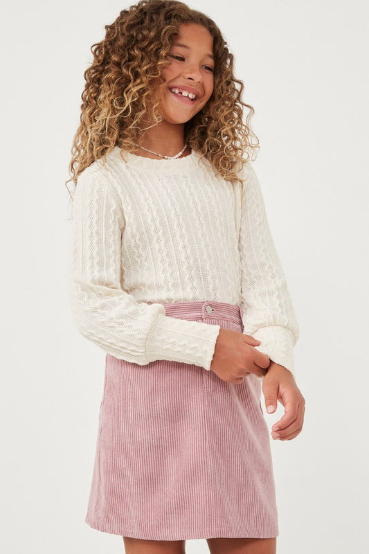 Girls Ivory Long Cuff Cable Knit Pullover Top