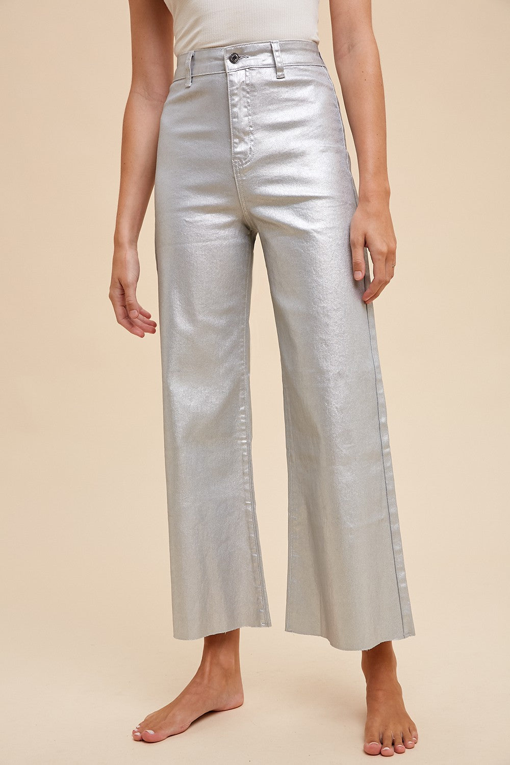 Silver Stretch High Rise Wide Leg Pants