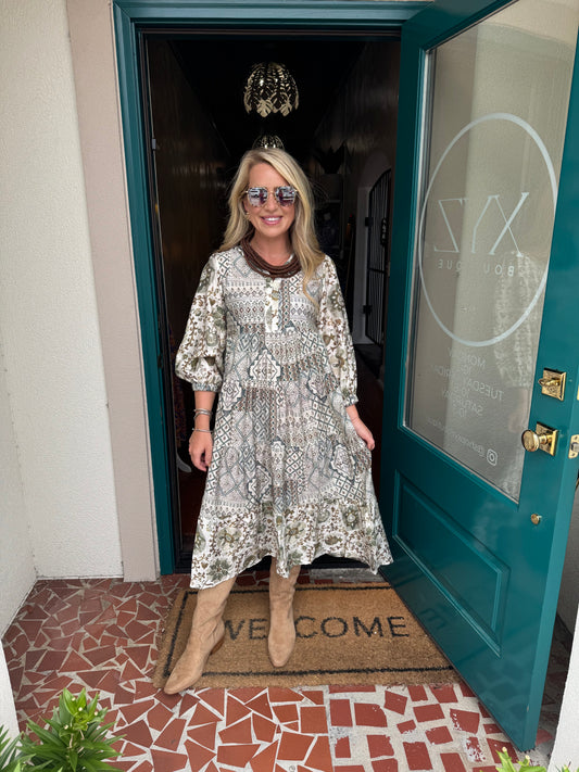 Sage Mixed Print Tiered Midi Dress