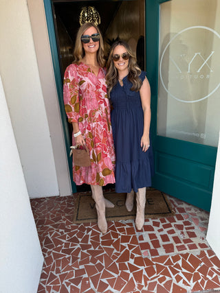 Navy Collared Smocked Midi Dress