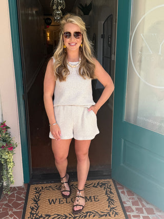 Boat Neck Top And High Waist Elastic Band Shorts Set