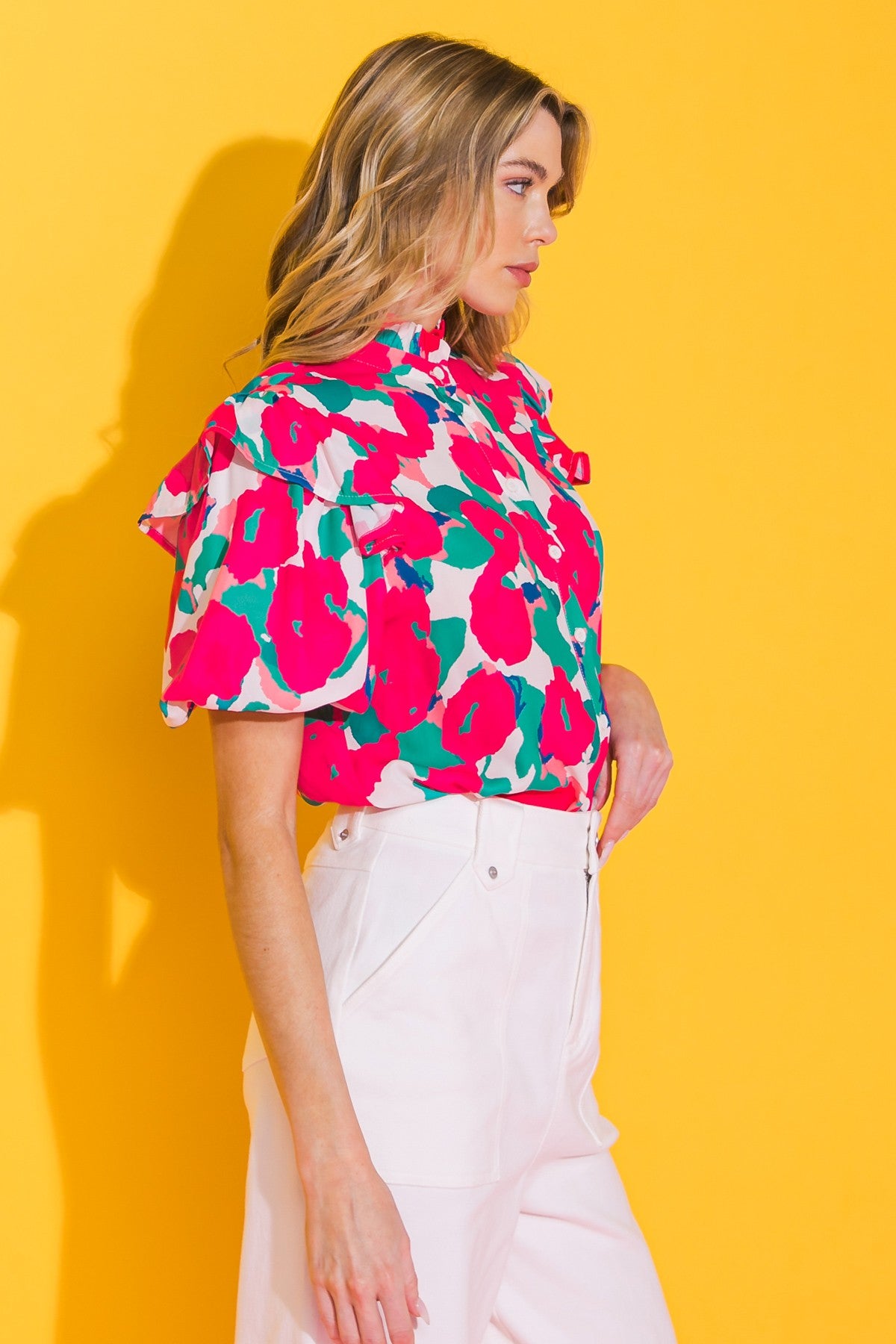 Printed Woven Button Front Top