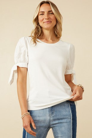 Poplin Tie Sleeve Knit Top