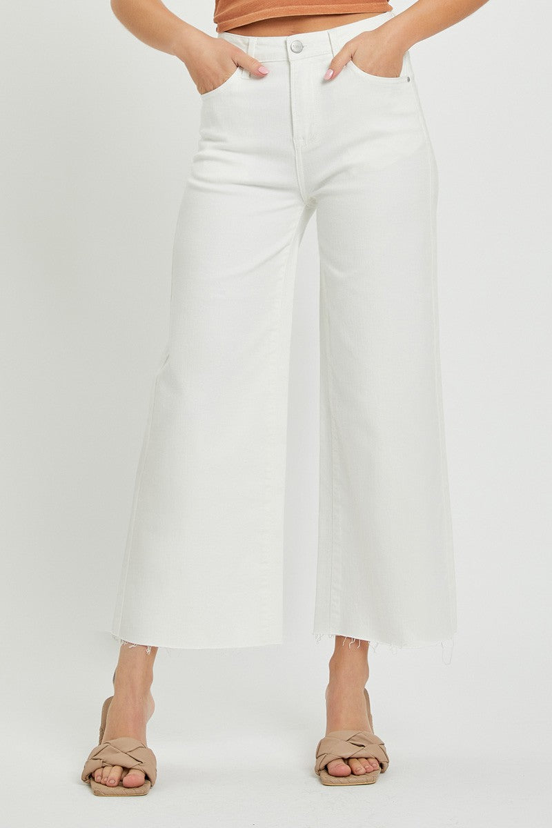 Heather White High Rise Crop Wide Leg Denim