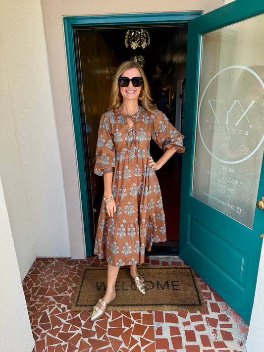 Brown Floral Keyhole Midi Dress with Balloon Sleeves