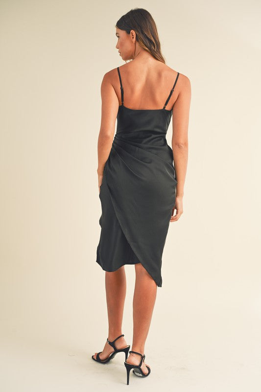 Black Draped Neck Satin Dress