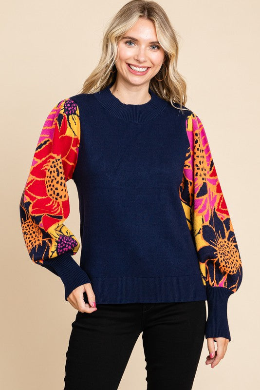 Navy Point Flower Print Knit Pullover