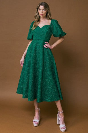 Emerald Jacquard Sweetheart Neckline Midi Dress