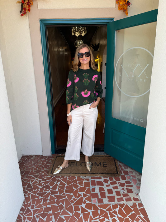 Forest Green Floral Knit Sweater Top