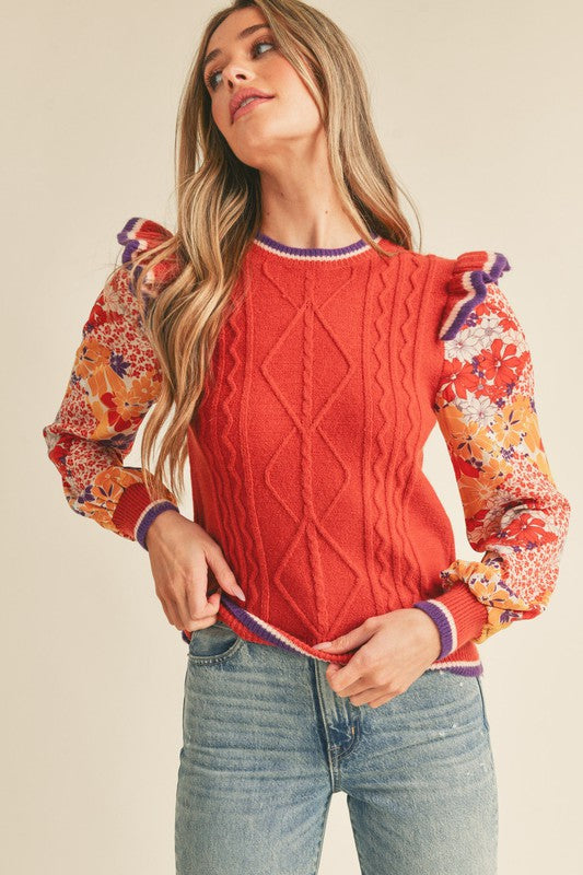 Mixed Media Floral Sleeve Sweater