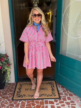 Red Collar Neck Elastic Waist Dress