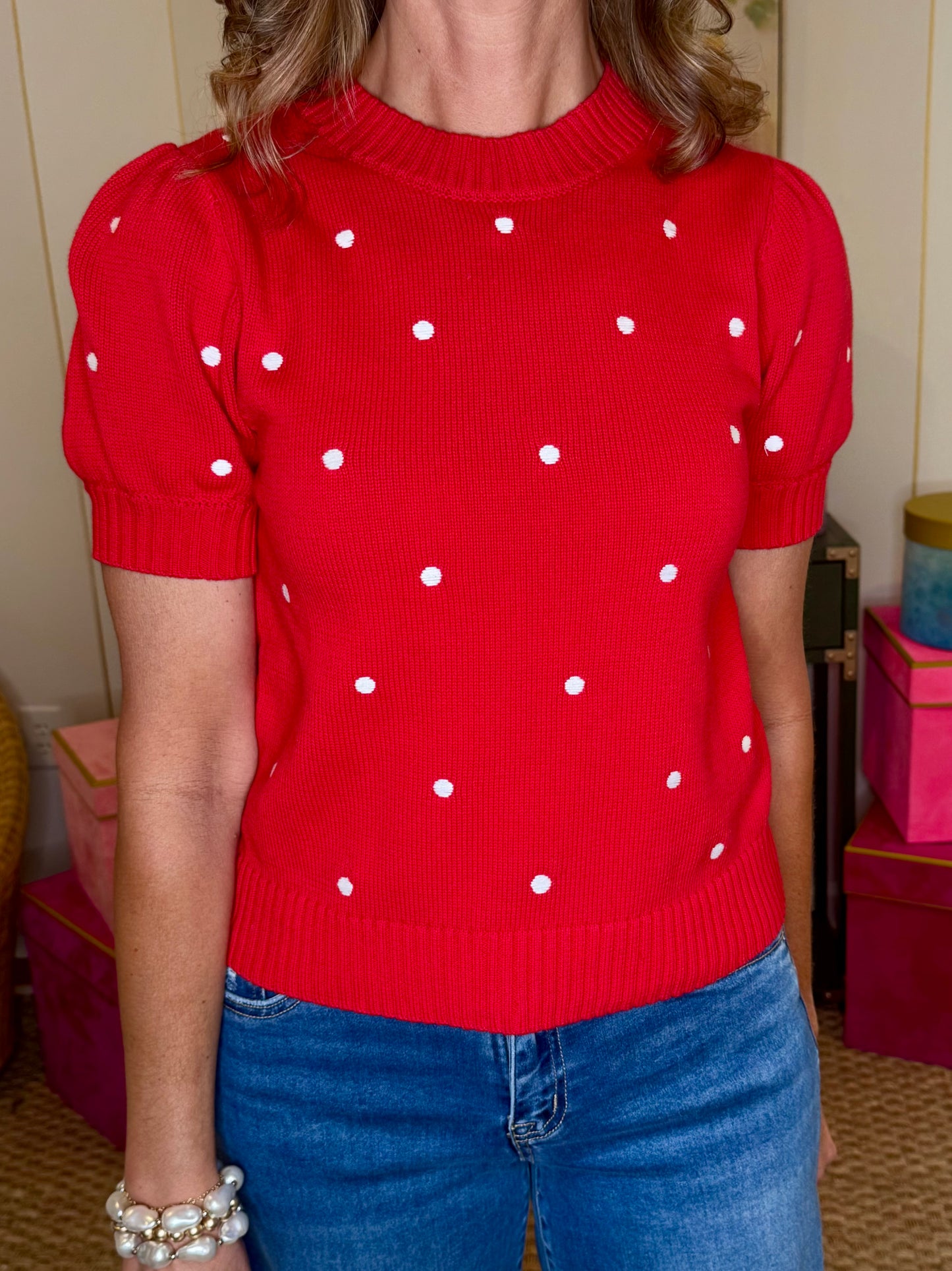 Red Polka Dot Short Sleeve Top