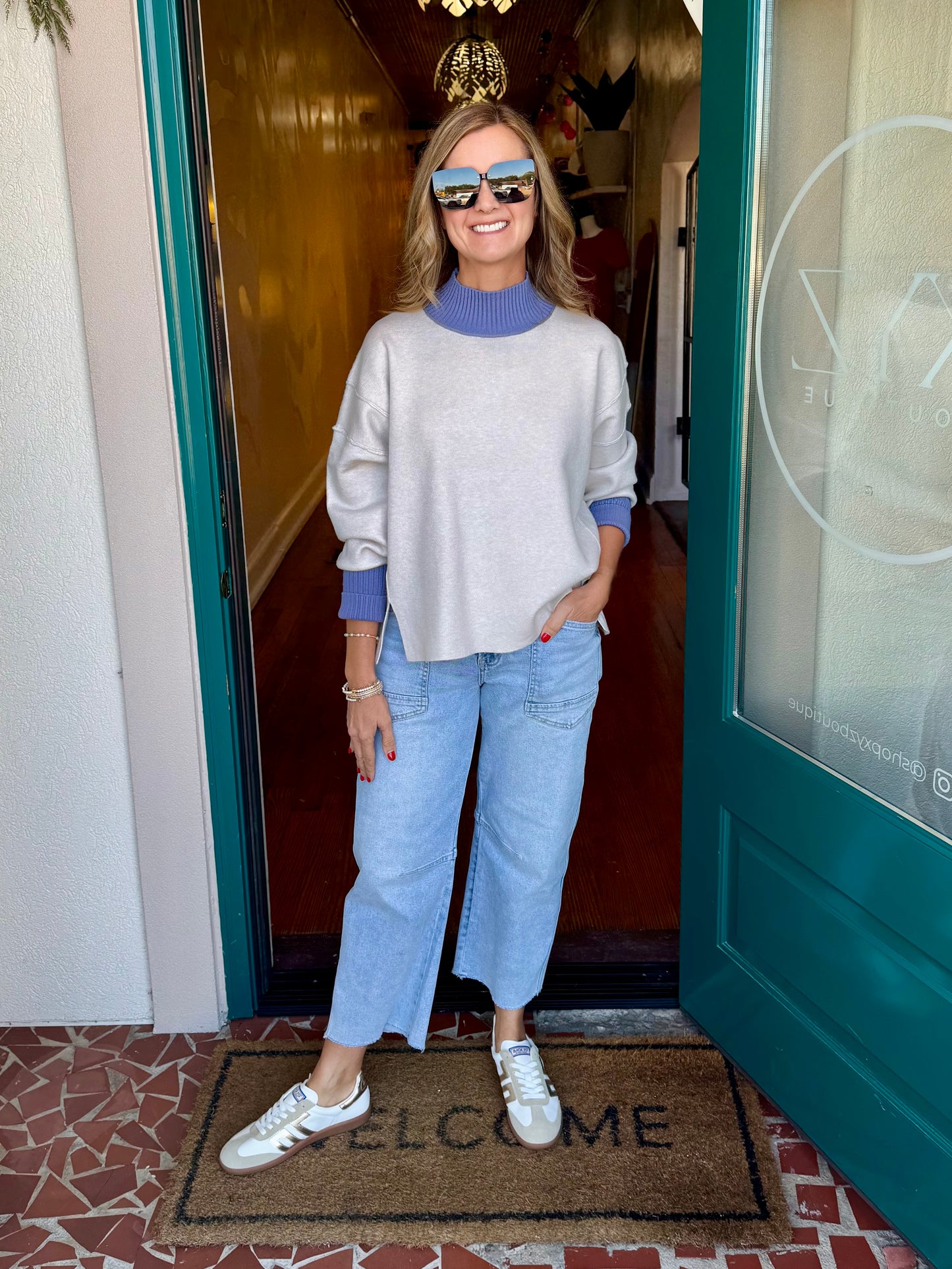 Ecru Sweater with Contrast Mock Neck