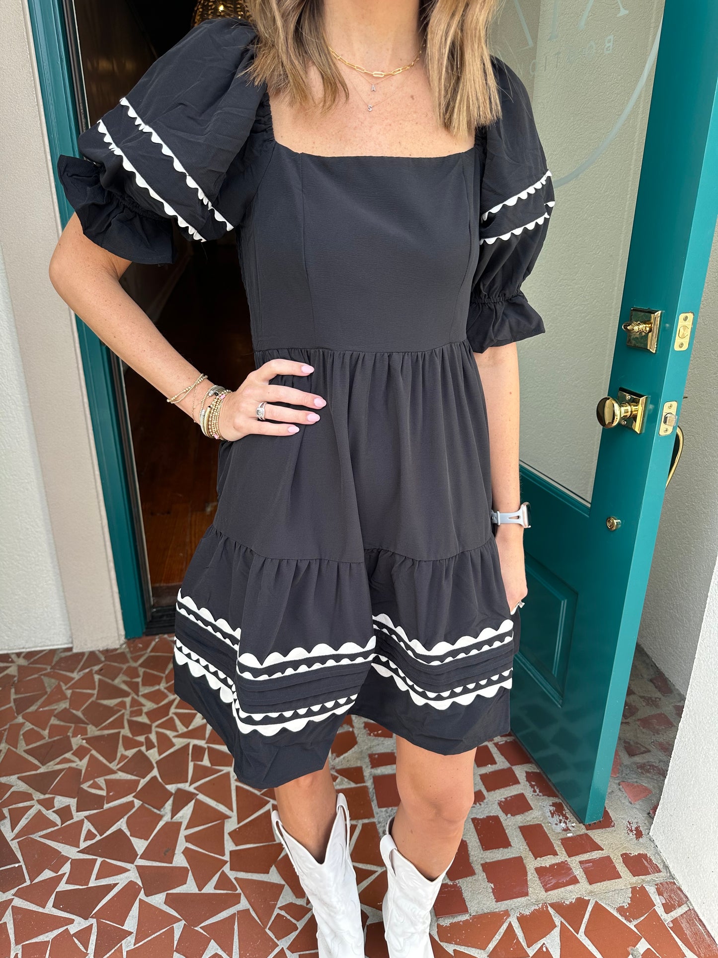 Black Ric Rac Trim Tiered Dress