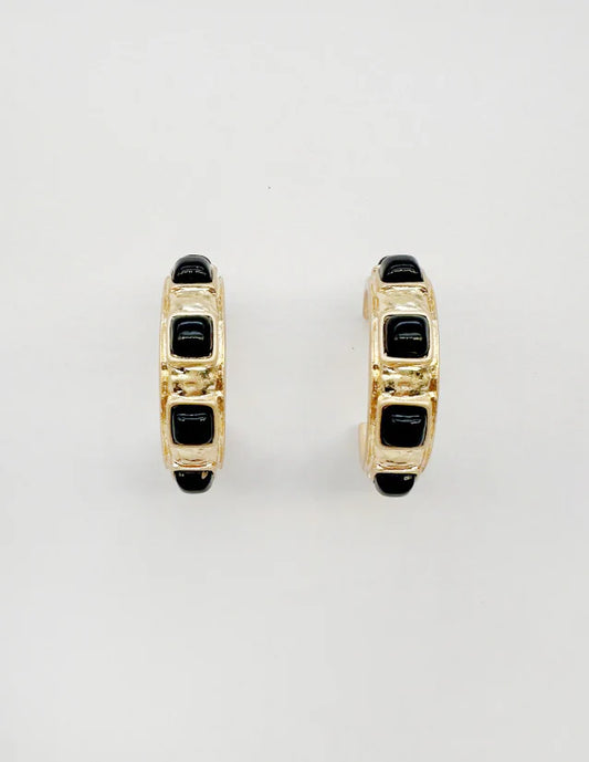 Gold Earring with Black Square Stone Accents