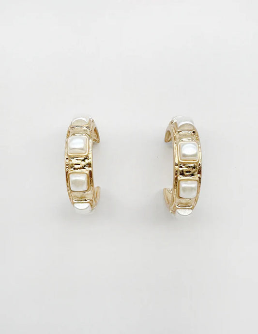 Gold Pearl Square Hoop Earring