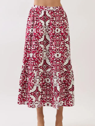 Baroque Print Tiered Midi Skirt