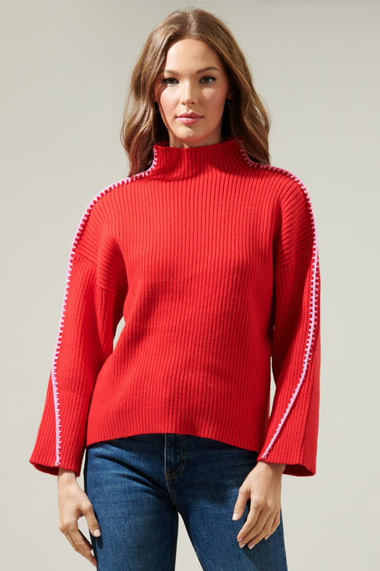 Red Ribbed Sweater w Pink Stitching