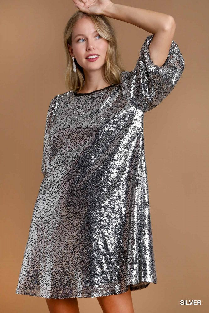 Silver Sequin Puff Sleeve Dress