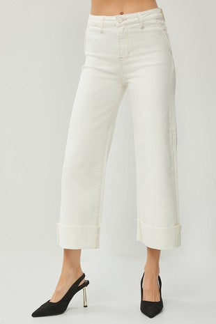 Cream High Rise Wide Leg Cuffed Jeans