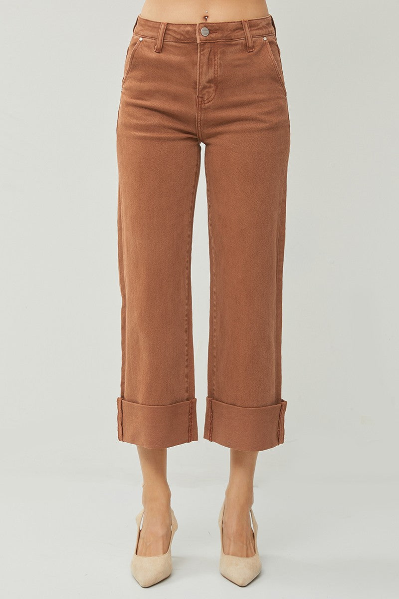 Espresso High Rise Wide Leg Cuffed Jeans