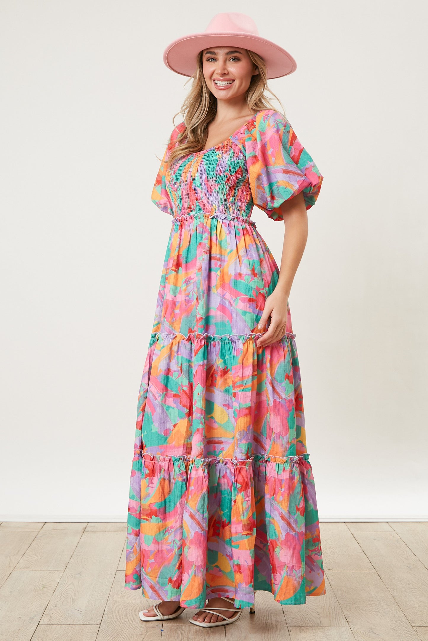 Floral Puff Sleeve Tiered Maxi Dress