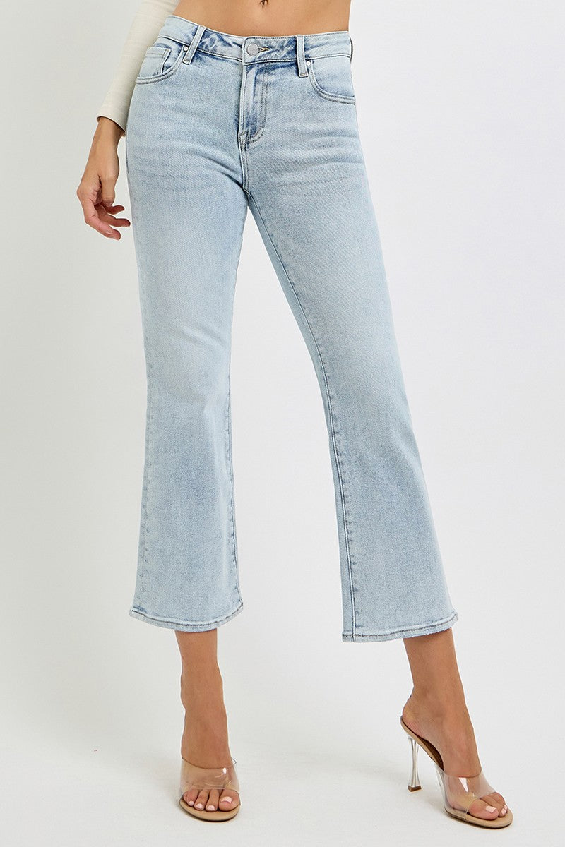 Ainsley Mid Rise Light Wash Cropped Flare Jeans