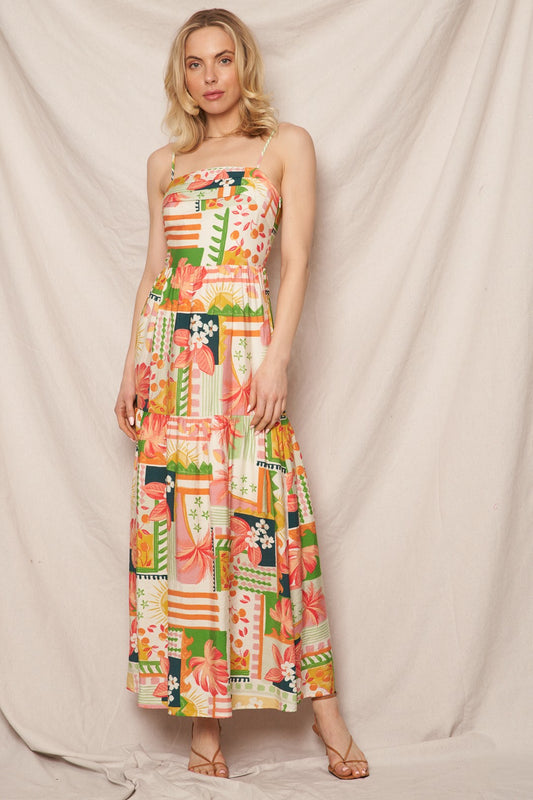 Spaghetti Strap Tropical Print Maxi Dress