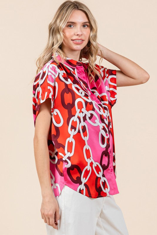 Chains Print Collared Button Up Top