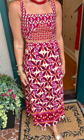 Geo Pattern Side Tie Midi Skirt