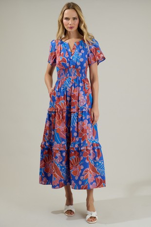 Amazonia Blue Floral Palmer Poplin Maxi Dress